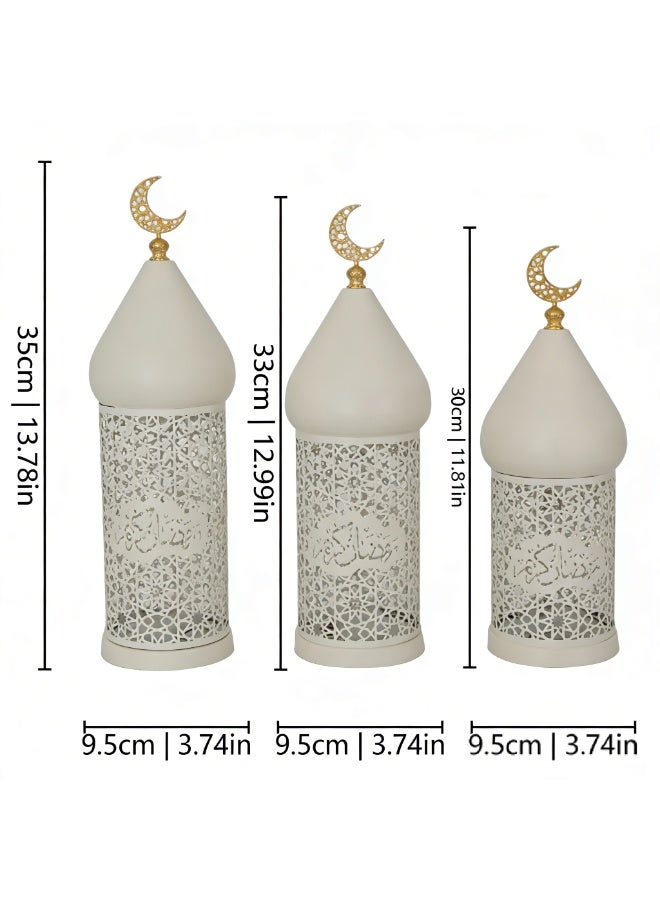Ramadan Moroccan Lantern, 3PCS White Hollow Out Metal LED Light with Gold Moon Topper for Indoor Outdoor Home Decor, Table Centerpieces, Ramadan, Eid, Wedding Decorations, FD778-ZH1 - Image 2